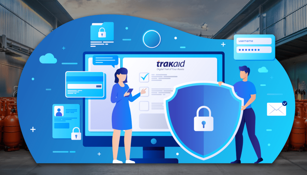 A man and a woman standing in front of a monitor with a padlock on