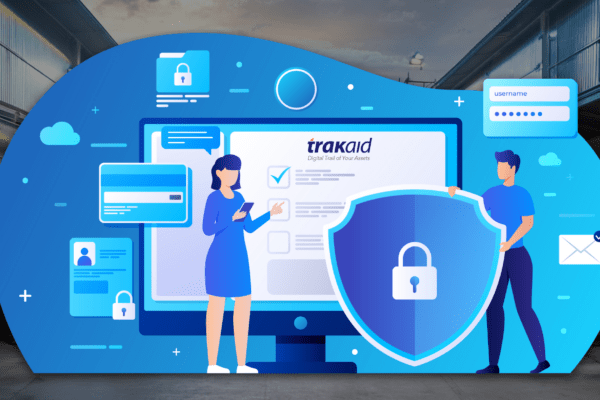 A man and a woman standing in front of a monitor with a padlock on