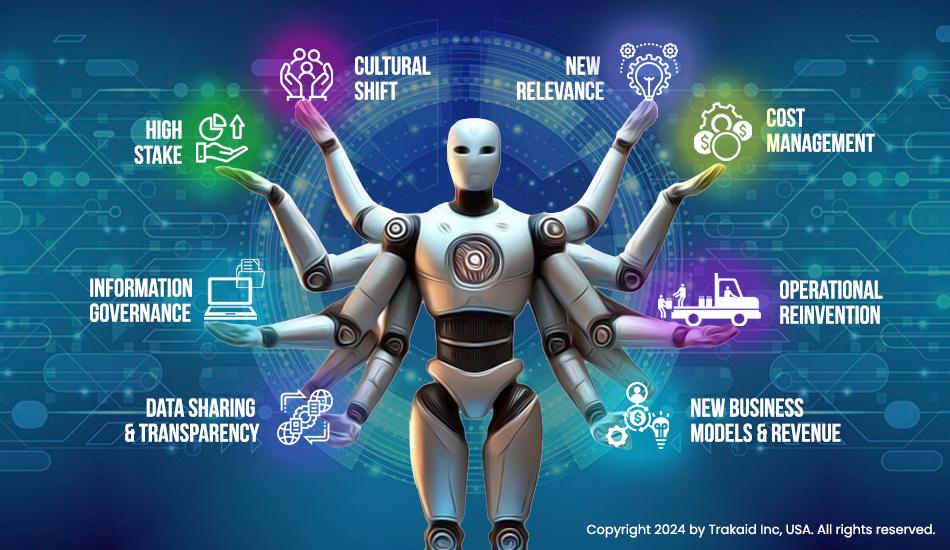 A robot standing in front of a blue background