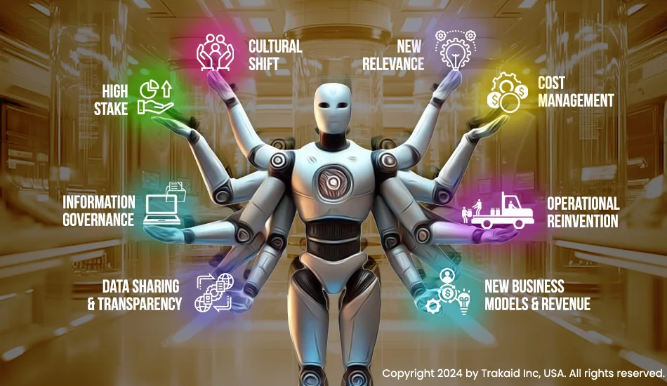 A robot standing in front of a blue background